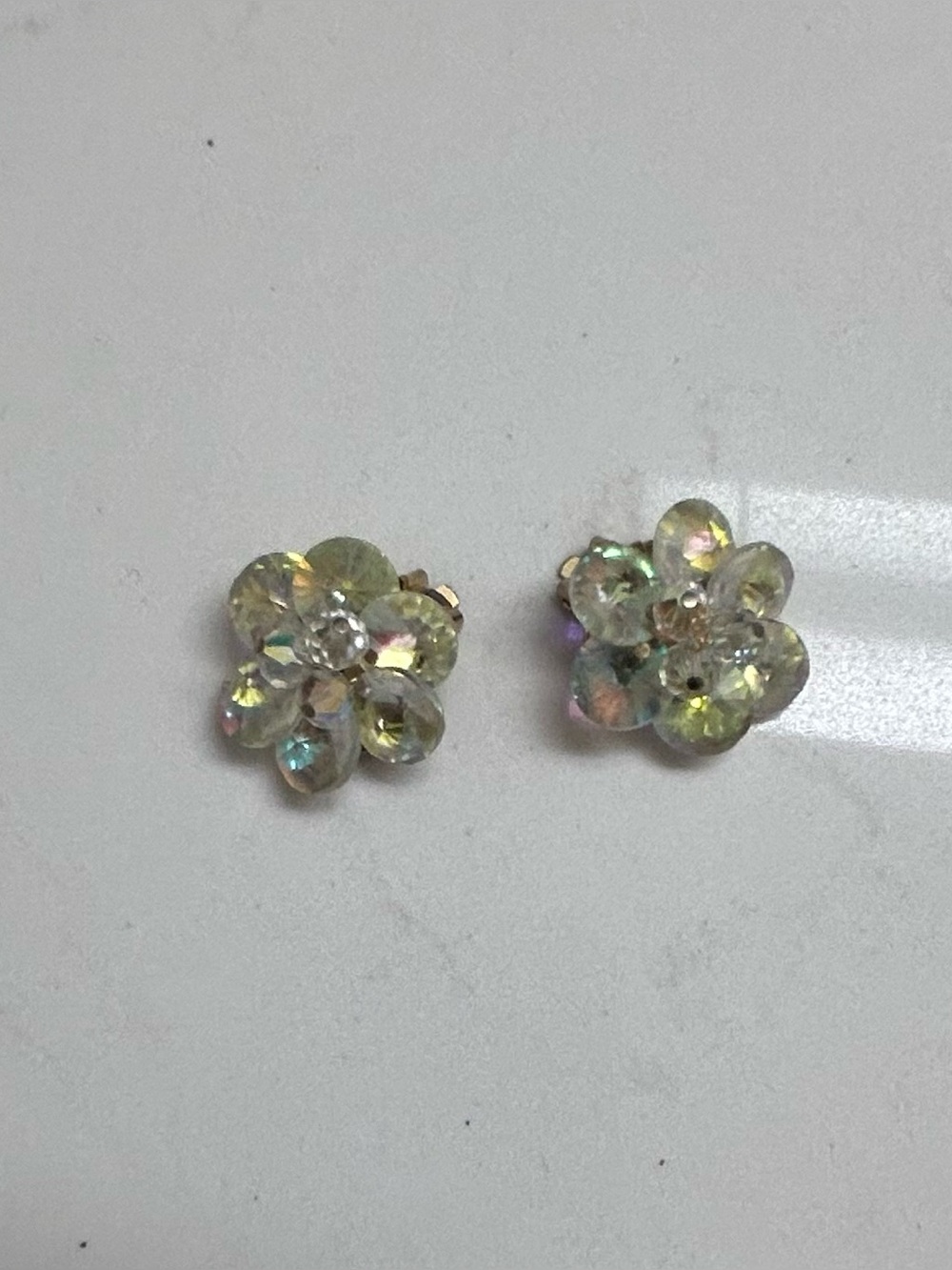 Crystal Flower Clip On Earrings - Iridescent